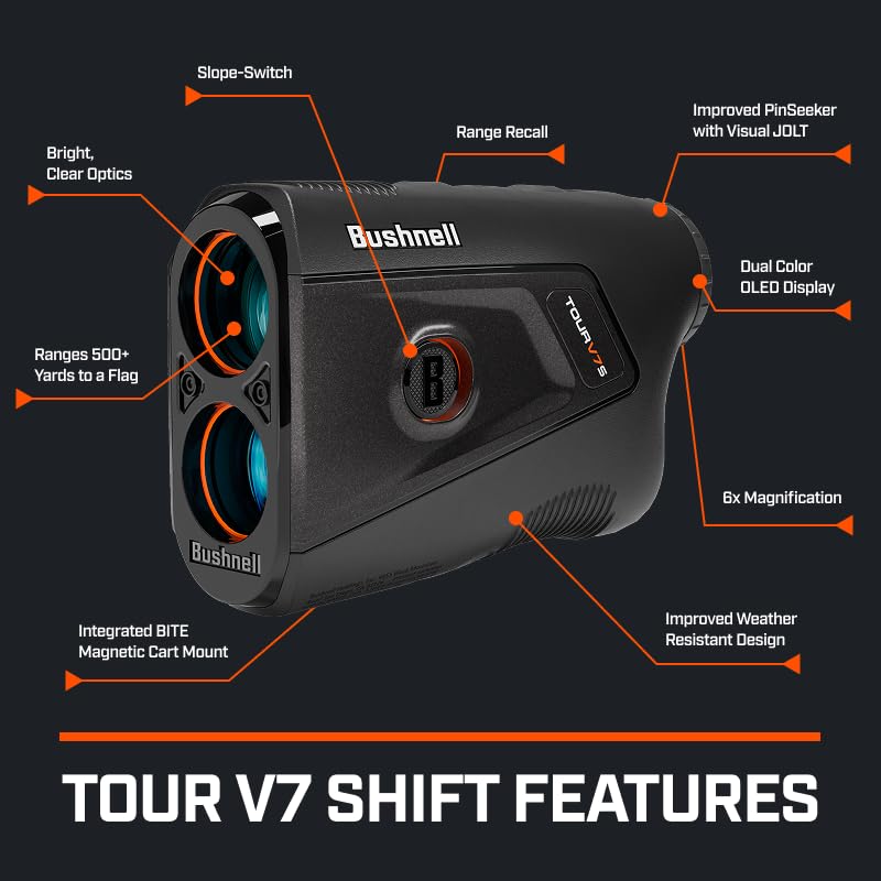 Bushnell Tour V7 Shift Laser Rangefinder Patriot Pack with Towel Bundle - 1300 Yard, Slope Tech, Magnetic Mount, Dual Display