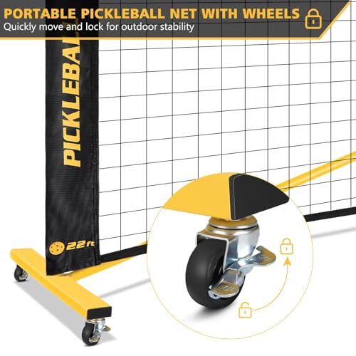 Fostoy Portable Pickleball Net Set with Wheels, 22ft & 11ft Half Court - Black & Yellow 2-in-1