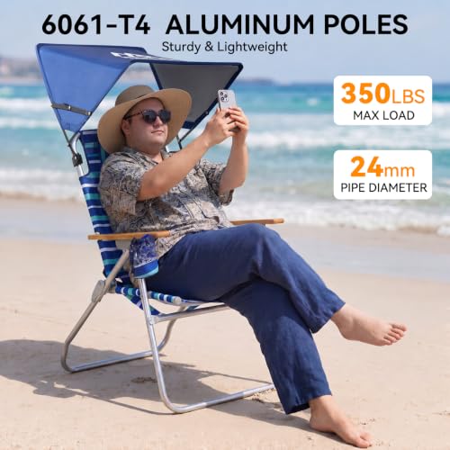 17-Inch Tall Blue Striped Beach Chair with Canopy Shade, Supports 350 lbs