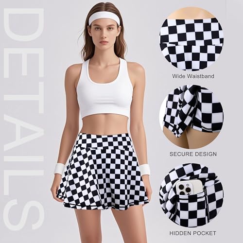 Women's Checked High Waist Tennis Skirt with Shorts Pockets - Small Variation