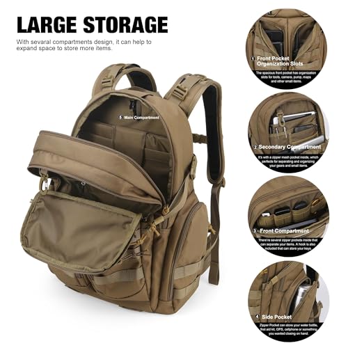 40L Military Tactical Backpack Khaki, Molle Assault Pack for Outdoor Use