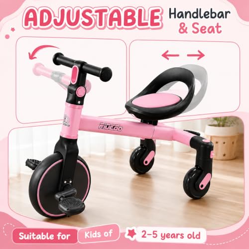 Ridego 3-in-1 Toddler Tricycle Pink for Ages 2-5 with Drift & Walker Modes