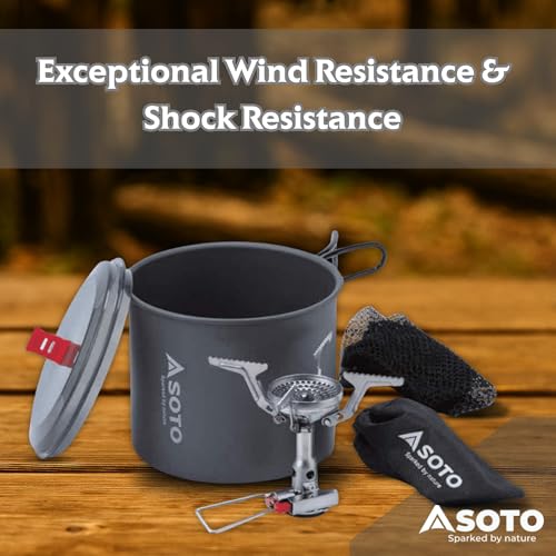 SOTO Amicus Camping Stove w/ Igniter & New River Pot - Windproof, Shock-Resistant, Portable