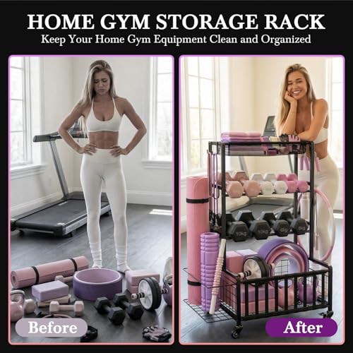 Heavy Duty Dumbbell Rack with Wheels & Hooks - Adjustable Home Gym Storage Organizer