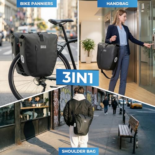 Waterproof Bike Panniers 20L Roll-Top Quick-Release 3-in-1 Bag - Black x2