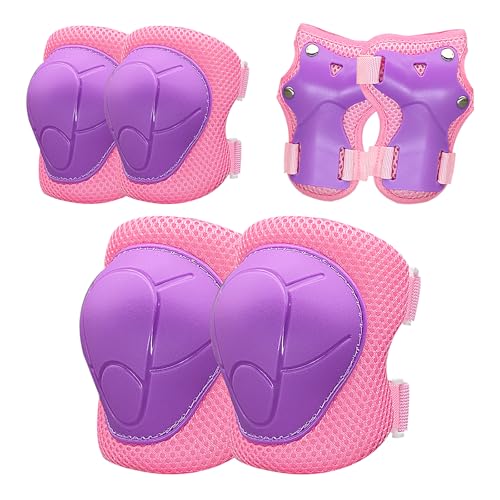 Kids Knee and Elbow Pads Wrist Guards Set - Purple Pink, S (3-7 Years)