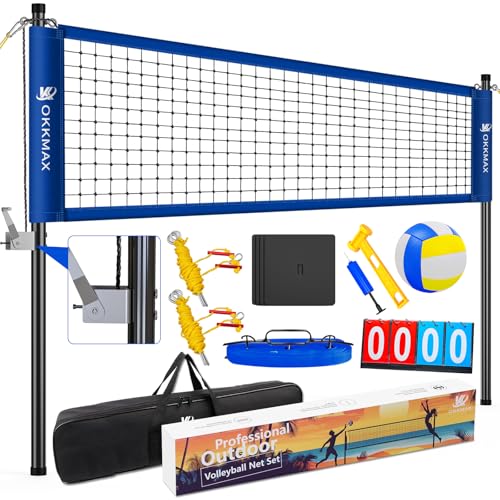 OKKMAX Blue Outdoor Volleyball Net Set with Adjustable Poles, Anti-Sag Design & Accessories