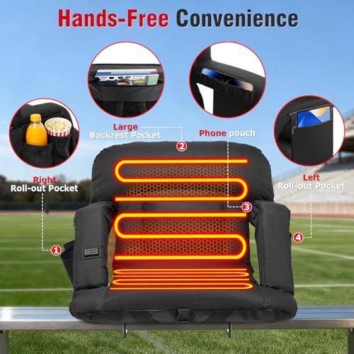 Suteck Heated Stadium Seat with Back Support, 25" Wide, Black, 1 Pack