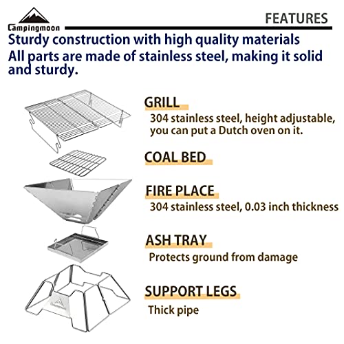 Camping Moon Portable Fire Pit Grill 14 Inch Stainless Steel - Medium Charcoal Barbecue MT-2