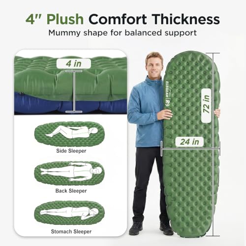 Insulated Camping Sleeping Pad 4-Inch Thick with R-Value 9 - Green, Regular
