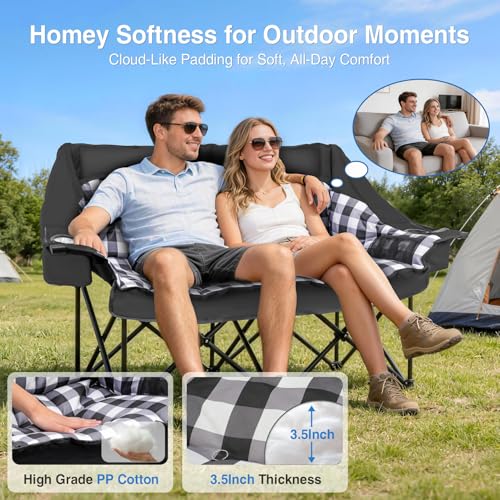 Oversized Double Camping Chair with Padded Seat & 2-in-1 Drink Cooler - Black
