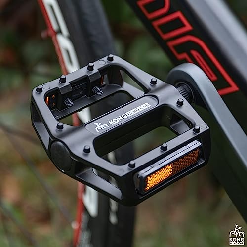 Black Mountain Bike Pedals 9/16 Inch Aluminum Flat Pedals with Reflectors - Wide Platform