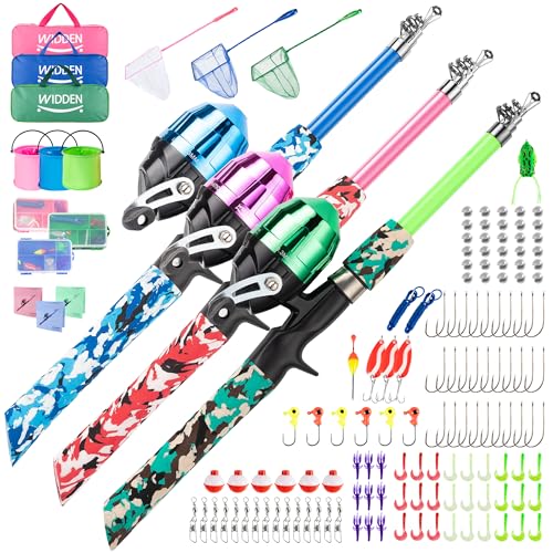 Kids Fishing Pole Kit with Reel - Collapsible Telescopic Rod for Boys & Girls, Pink/Blue/Green, Age 3+