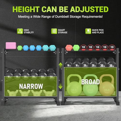 Eocnrhe Adjustable 3-Tier Dumbbell & Kettlebell Rack Stand - 18.7"D x 33.3"W x 35.8"H