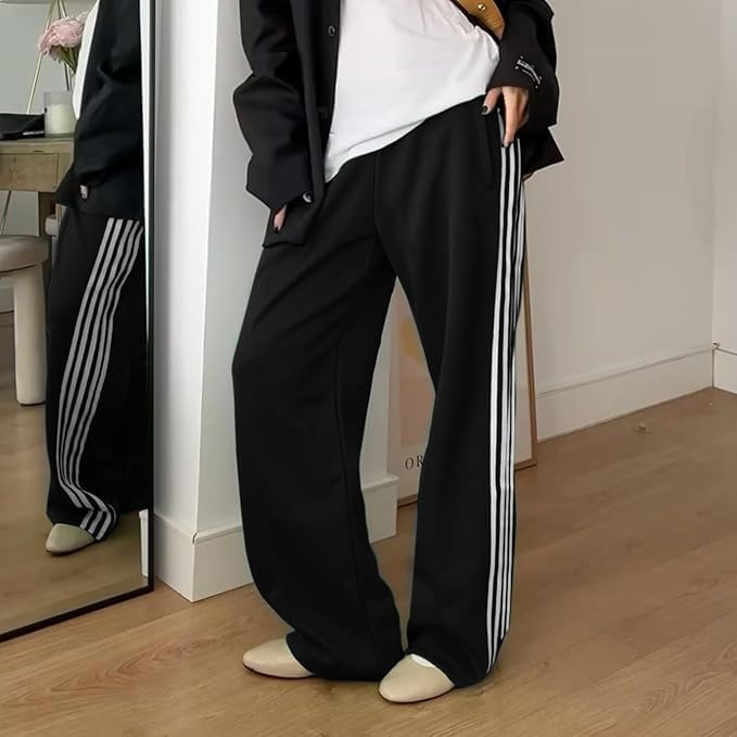 Skiennix Women's Wide Leg Track Pants - Striped Sweatpants with Elastic High Waist & Pockets