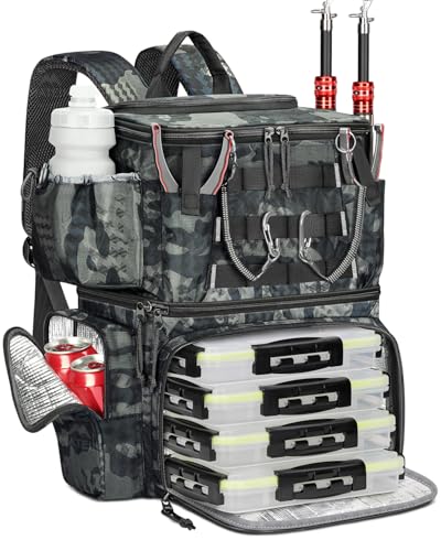 MATEIN Camouflage Fishing Backpack with Cooler, Tackle Boxes & Rod Holder