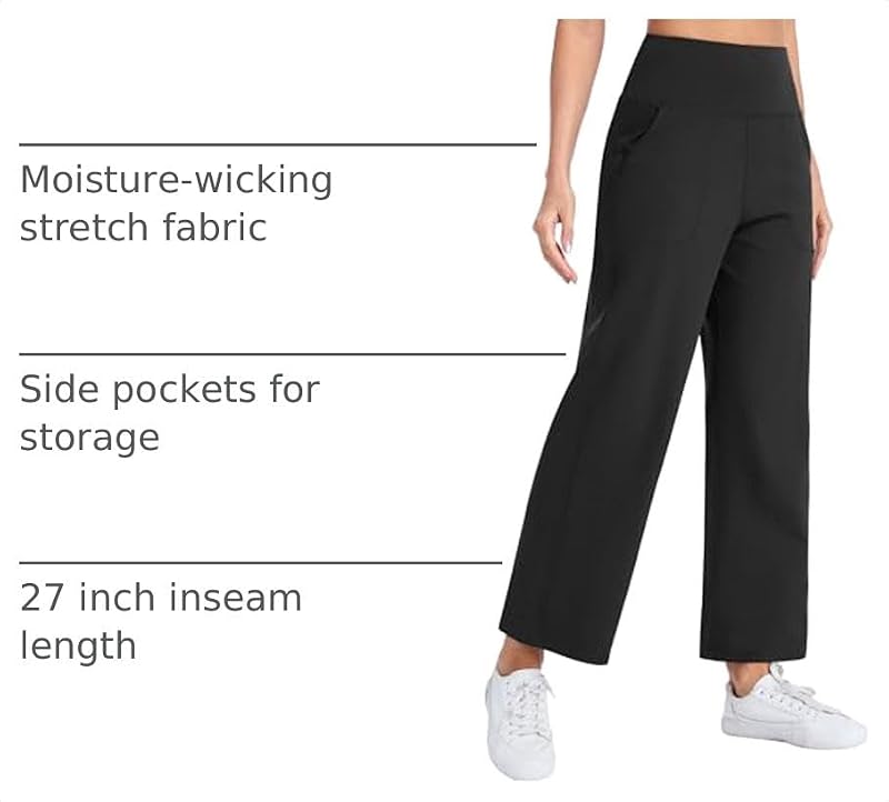 The Gym People Women's Wide Leg High Waist Yoga Pants with Pockets - Black, 27" Inseam