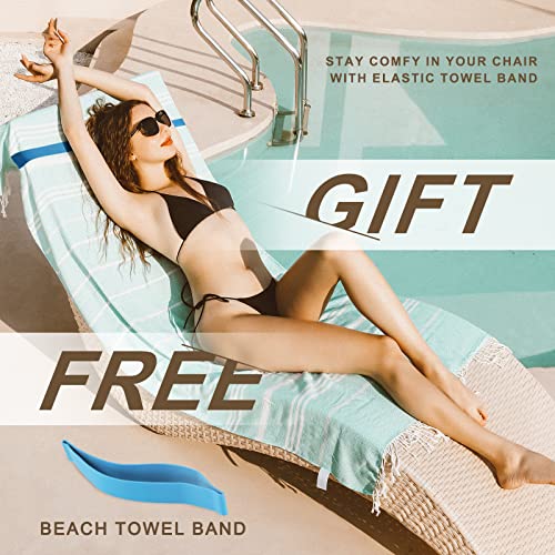 Oversized Quick-Dry Sandproof Turkish Beach Towel with Elastic Band - 72 x 36 Inches Aqua Thinner