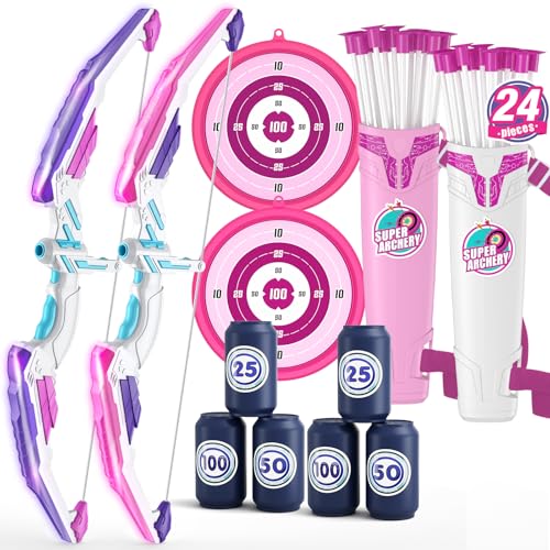 Kids Bow and Arrow Set with LED Light Up Arrows - Purple+White, 2 Pack
