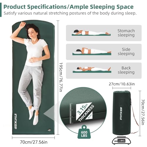 INVOKER Green Self-Inflating Camping Sleeping Pad 75 x 24 x 3.15 in