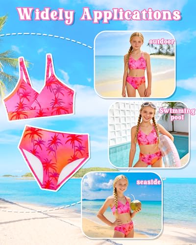 Girls 2-Piece Swimsuit Bikini Set with Adjustable Shoulder Straps - Pink Gradient Coconut Tree / 12