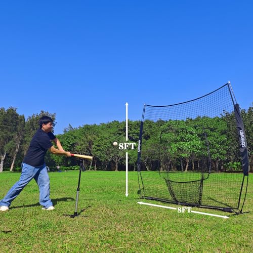 8ft Baseball & Softball Practice Net with Steel Frame - Portable Batting Hitting Pitching Net, Black