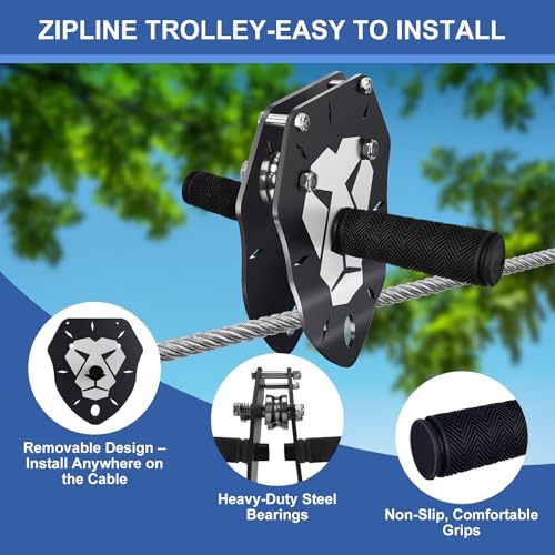 100ft Zip Line Kit for Kids & Adults - Backyard Outdoor Adventure with Removable Lion Trolley