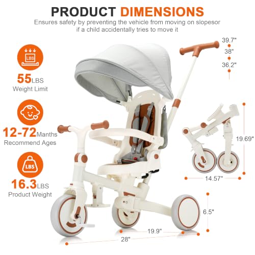AOPEC 7-in-1 Foldable Toddler Tricycle Beige, Growth-Oriented Kids Bike 18 Months to 5 Years