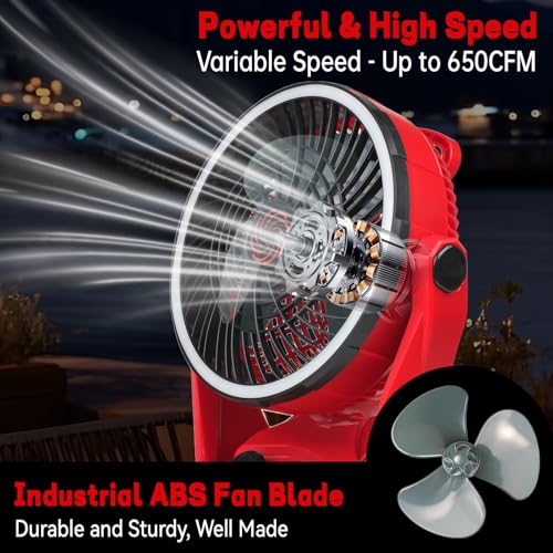 Yudara Red Battery Operated Camping Fan for Milwaukee M18 with LED Light & Hanging Hook