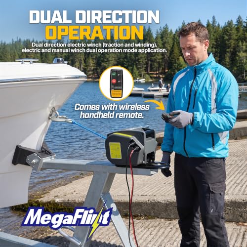 Megaflint 3500 lbs Electric Boat Trailer Winch 12V Waterproof Remote & Hand Crank