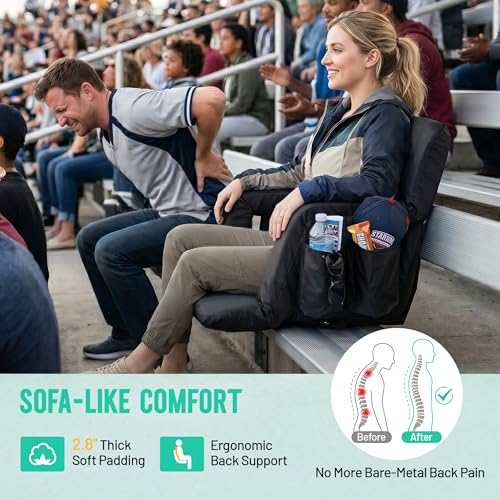 Overmont Stadium Seat with Back Support - Padded Bleacher Cushion, 20.5 Inch, Regular - 6-Position Reclining & Backpack Straps