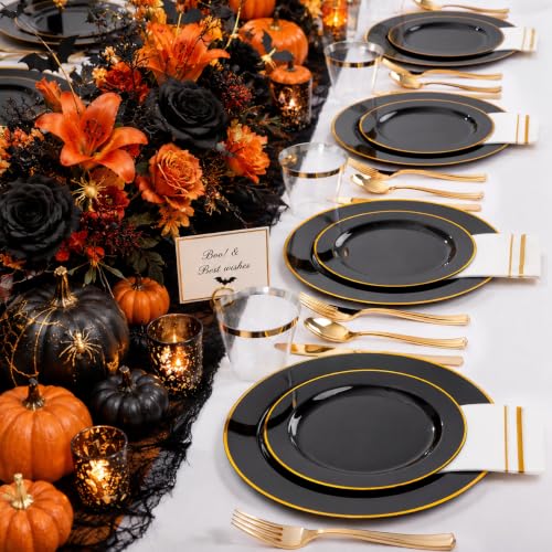 Black and Gold Disposable Dinnerware Set for 50 Guests - Plates Cups Napkins Utensils