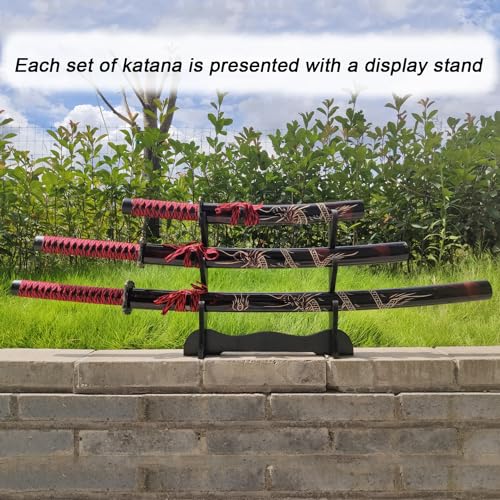 Dark Red 3-Piece Samurai Sword Set with Display Stand - Iaido Carbon Steel Blades