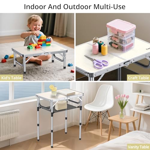 Adjustable Height Folding Camping Table 24x16 Inches with Storage Mesh - Silver
