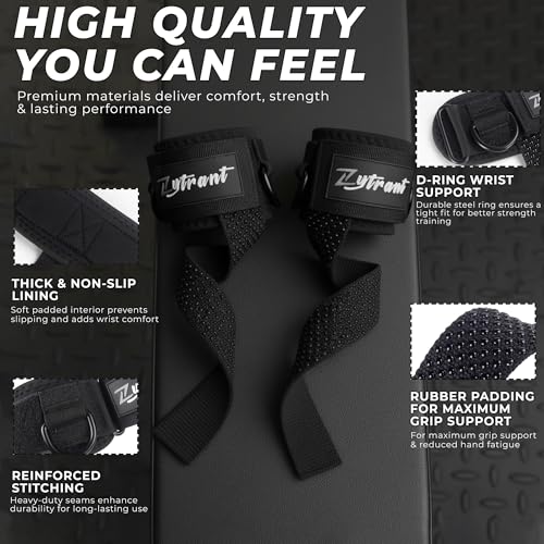 Heavy Duty Weightlifting Straps with Cuffed D Ring - Black, Comfortable Support