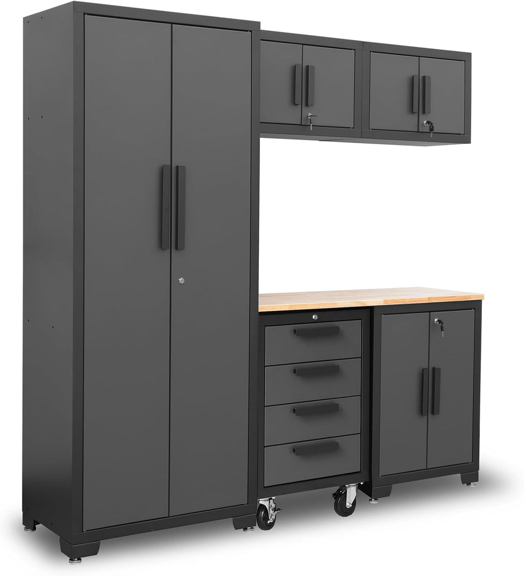 Torin Garage Storage Cabinet Set - 6-Piece Tool Organizer with Lockers & Wood Workbench | Black/Grey, 76.8" L x 18.5" W x 75.79" H