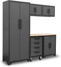 Torin Garage Storage Cabinet Set - 6-Piece Tool Organizer with Lockers & Wood Workbench | Black/Grey, 76.8" L x 18.5" W x 75.79" H