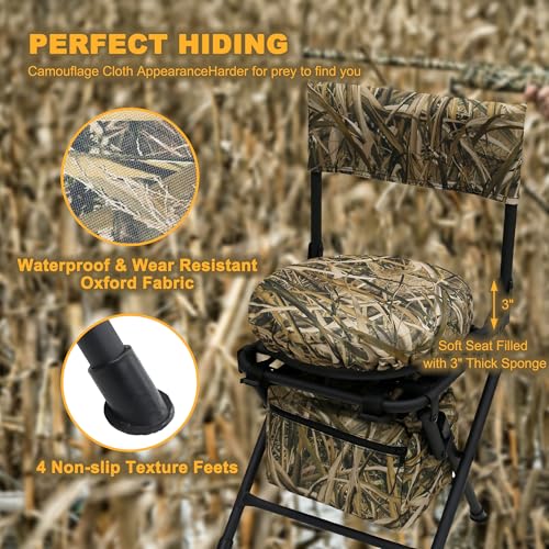 MDSTOP No. 3 Reed Camo 360 Swivel Hunting Chair for Ground Blind, Silent & Folding