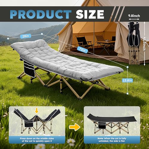 HABUTWAY Light Grey Folding Camping Cot for Adults, 75"x28", 600lbs Capacity, with Mattress & Carry Bag