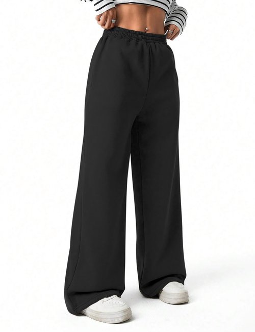 FACDIBY Fleece Lined Sweatpants for Women Wide Leg High Waisted Sweat Pants Baggy Drawstring Sherpa Straight Leg Lounge Pants Black M