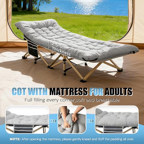 HABUTWAY Grey Camping Cot for Adults 75" x 28" with Mattress & Carry Bag, Supports 600 lbs