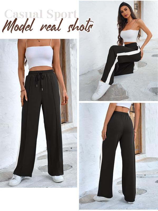 Skiennix Wide Leg Sweatpants - High Waisted Baggy Track Pants with Pockets | Striped Design