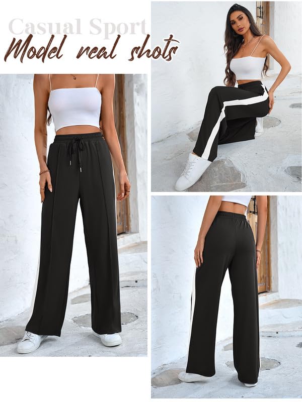Black Wide Leg High Waisted Sweatpants for Women - Baggy Track Pants with Pockets