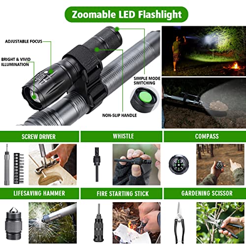 ZENHOSIT Folding Tactical Shovel & Hatchet Combo with Extendable Handle, Flashlight & Accessories for Camping & Outdoors