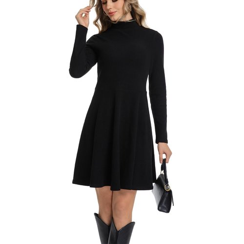 Chongbaijia Long Sleeve Dress for Women Turtleneck Ribbed Knit A-Line Flowy Casual Elegant Fall Winter Fashion Short Dresses Black