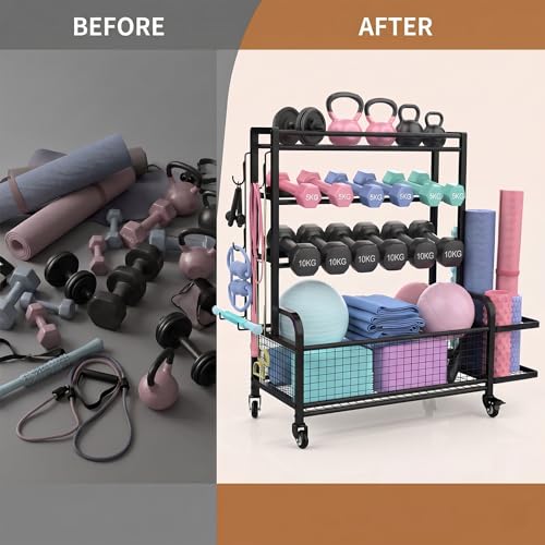 Dumbbell and Kettlebell Rack with Wheels - Home Gym Storage Organizer for Weights, Yoga Mats & Exercise Balls