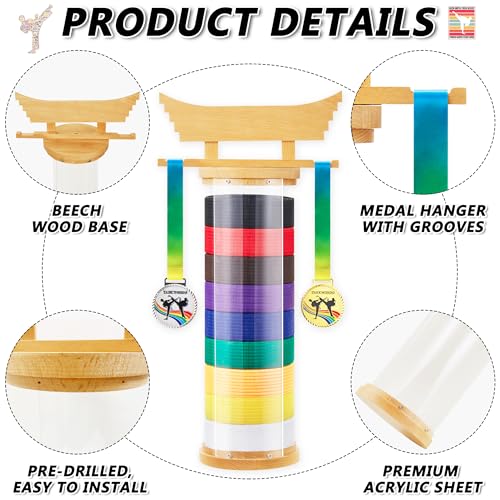 Martial Arts Belt & Medal Display Rack with Bamboo Hanger, Custom Stickers
