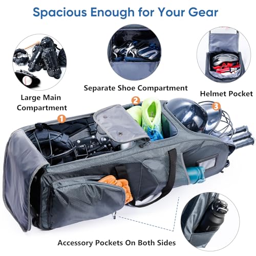 VIGEGARI Rolling Baseball Bat Bag with Wheels - Large Capacity Grey Sport Gear Bag for Bats & Equipment