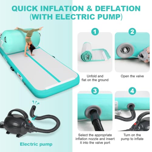 FBSPORT Inflatable Gymnastics Mat & Air Roller Set 10ft x 3.3ft x 4in with Electric Pump for Home & Outdoor Training