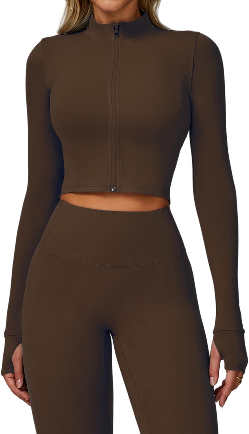 Yknktstc Women's Full Zip Athletic Jacket - Thumbhole Long Sleeve Crop Top for Running & Yoga